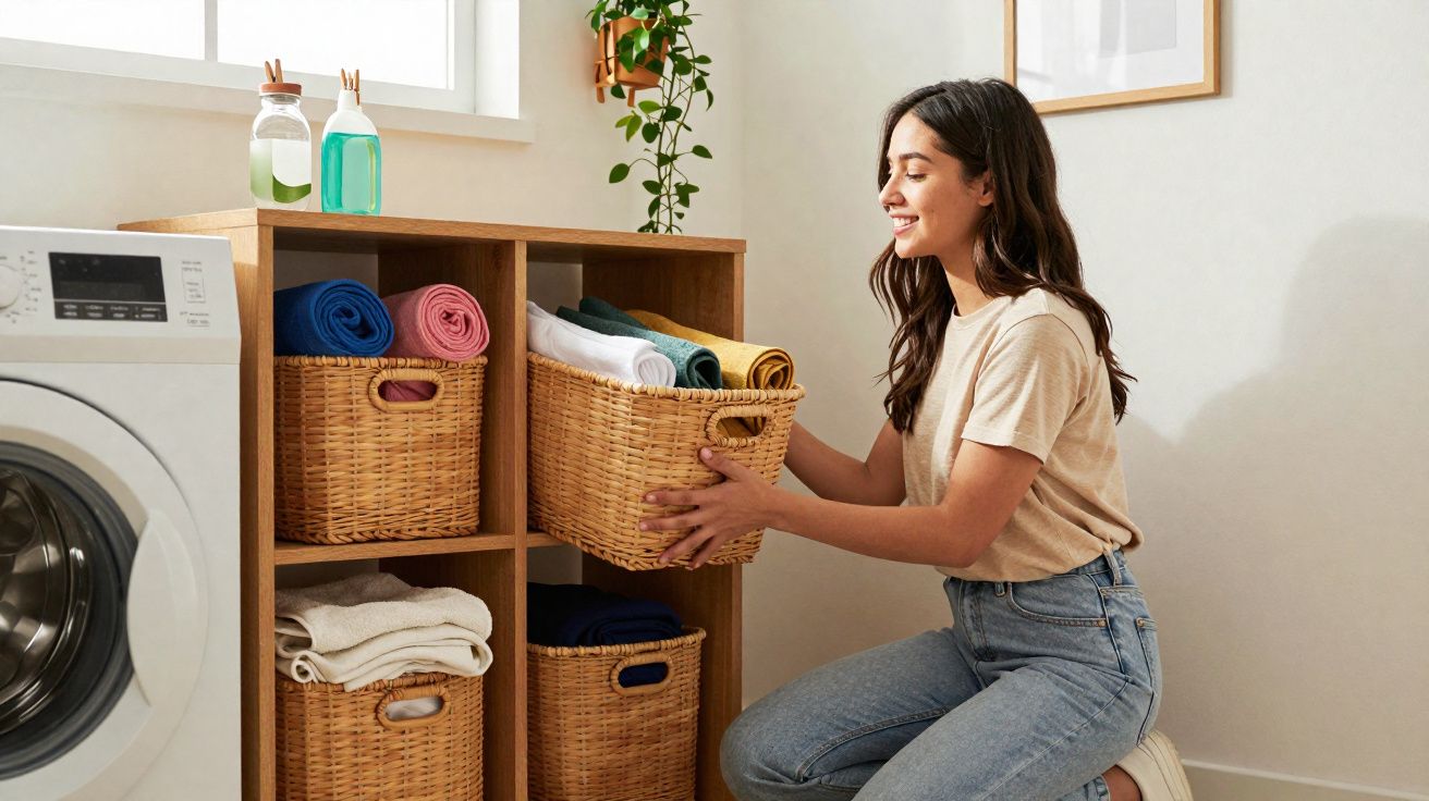 Mulher sorridente organizando roupas em cestos de palha ao lado da máquina de lavar em lavanderia clara.