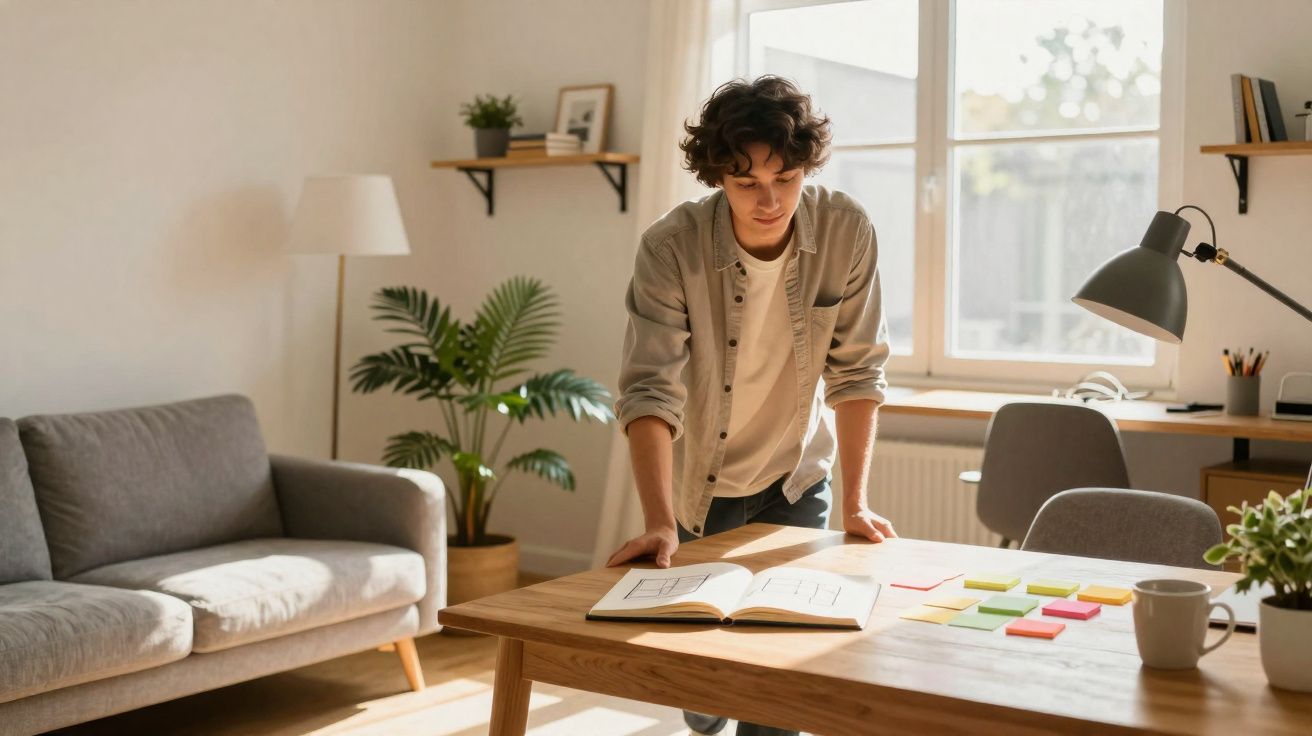 Jovem em pé analisando um caderno aberto sobre uma mesa com post-its coloridos em sala iluminada.