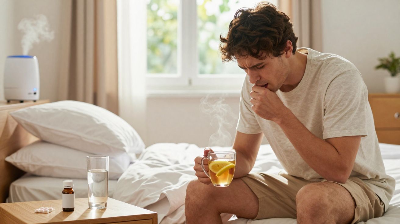 Homem sentado na cama tosse e segura uma xícara de chá quente com limão em um quarto iluminado.