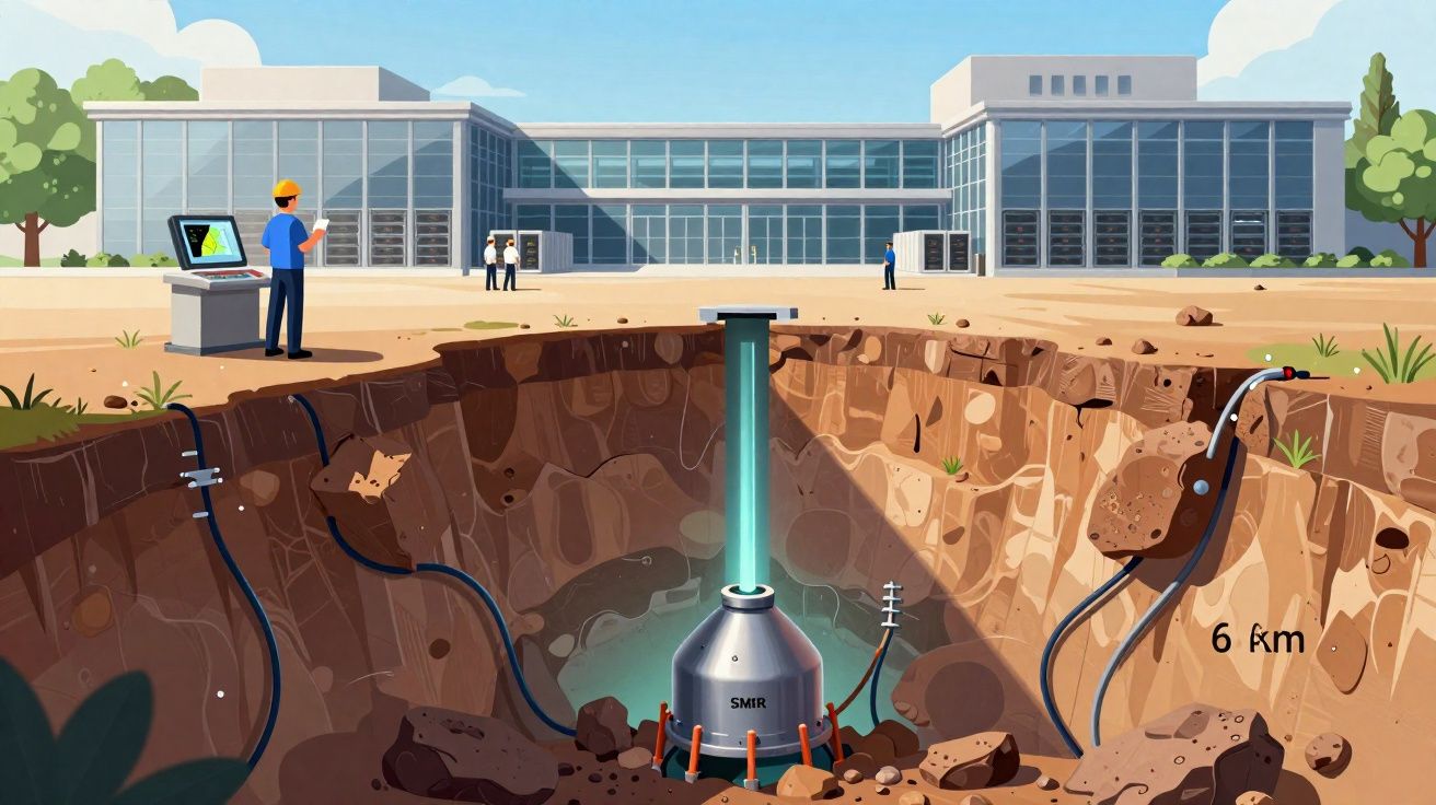 Ilustração de um reator SMR subterrâneo com técnicos e controles em prédio moderno ao fundo.