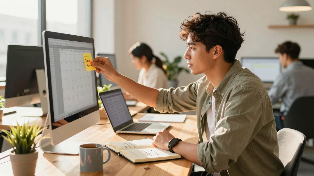 Pessoa jovem prende post-it com lembrete em tela de computador em escritório moderno com colegas ao fundo.