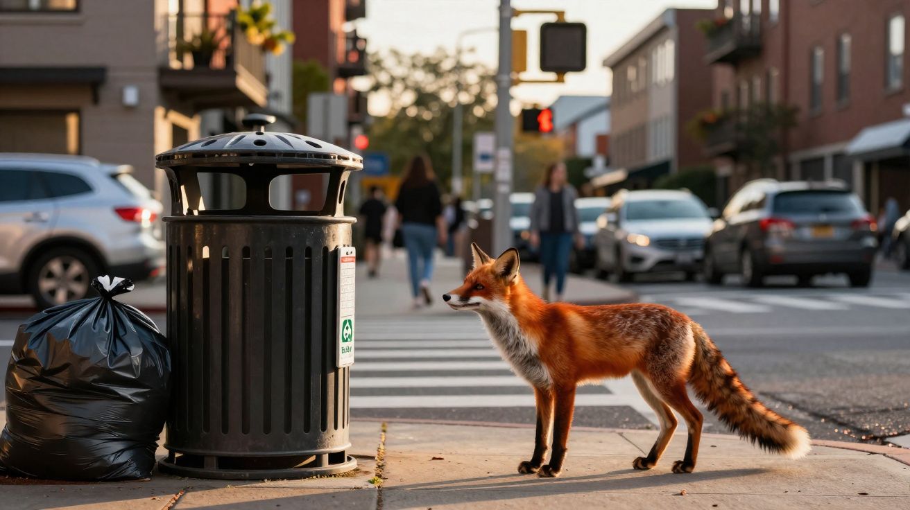 Raposa vermelha na calçada próxima a uma lixeira e sacos de lixo em rua urbana com carros e pedestres.