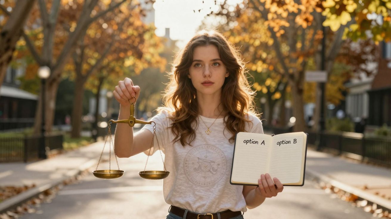 Mulher jovem segura balança em uma mão e caderno aberto com opções A e B na outra, em rua com árvores.