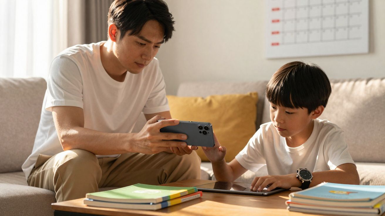 Pai e filho sentados no sofá usando um celular e tablet, com livros sobre a mesa à frente.