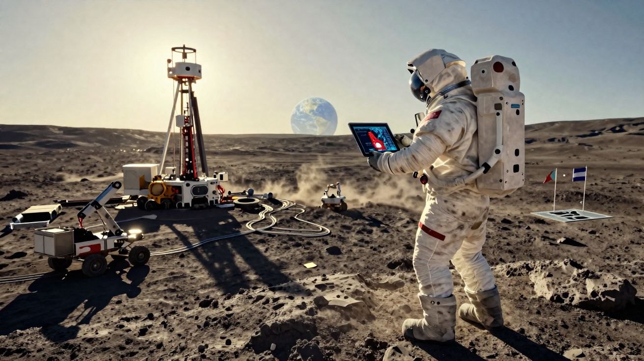 Astronauta em traje espacial observa tablet na superfície lunar com equipamentos e Terra ao fundo.