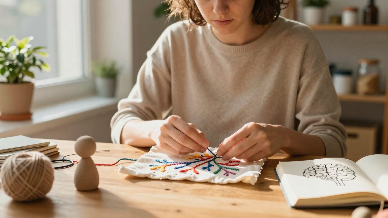 Pessoa bordando linhas coloridas em tecido com livro aberto ao lado mostrando desenho de cérebro.