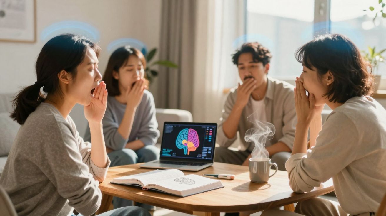 Quatro pessoas bocejando durante estudo sobre cérebro, com livro e laptop exibindo imagem cerebral em mesa.