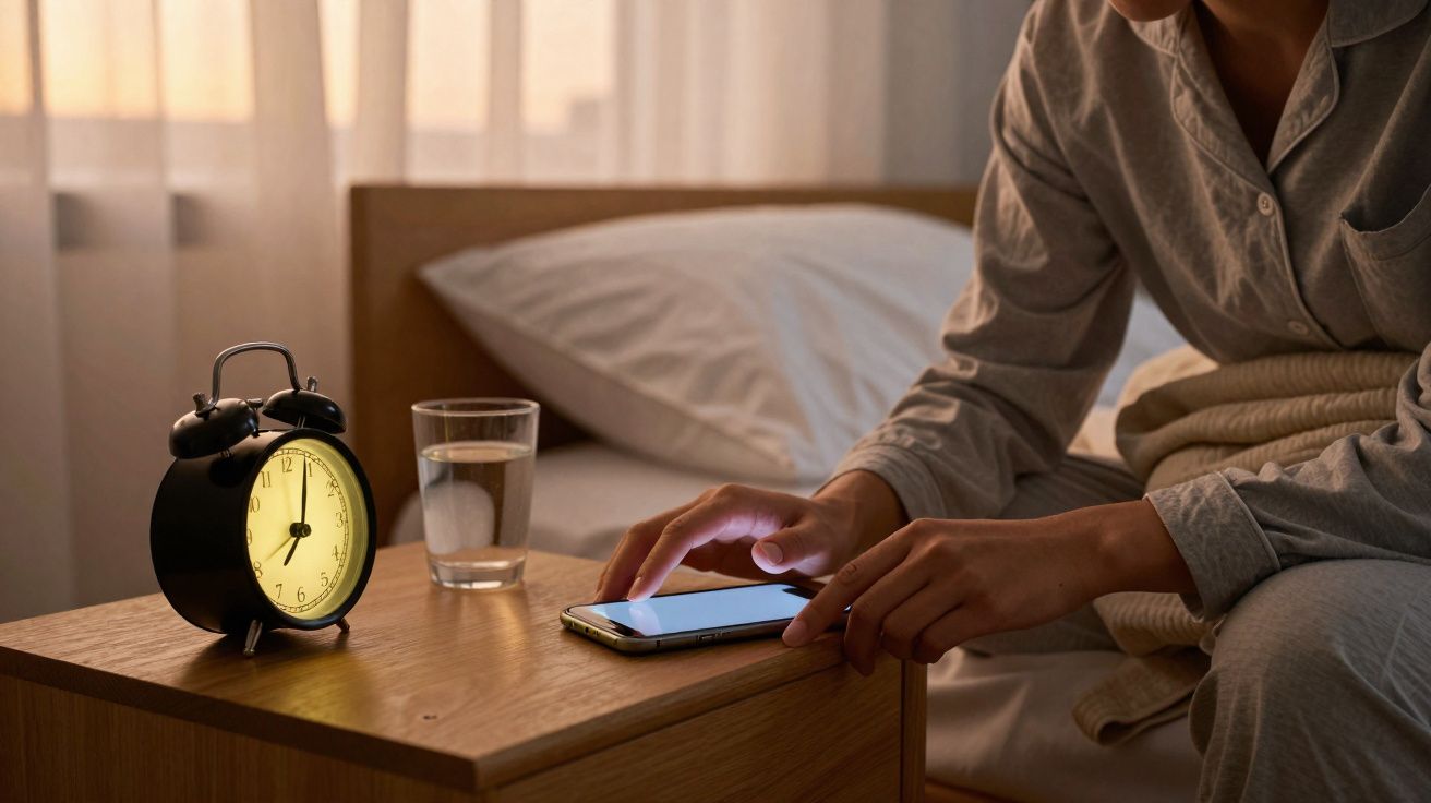 Pessoa em pijama sentada na cama alcançando celular sobre mesa com relógio despertador e copo d'água.