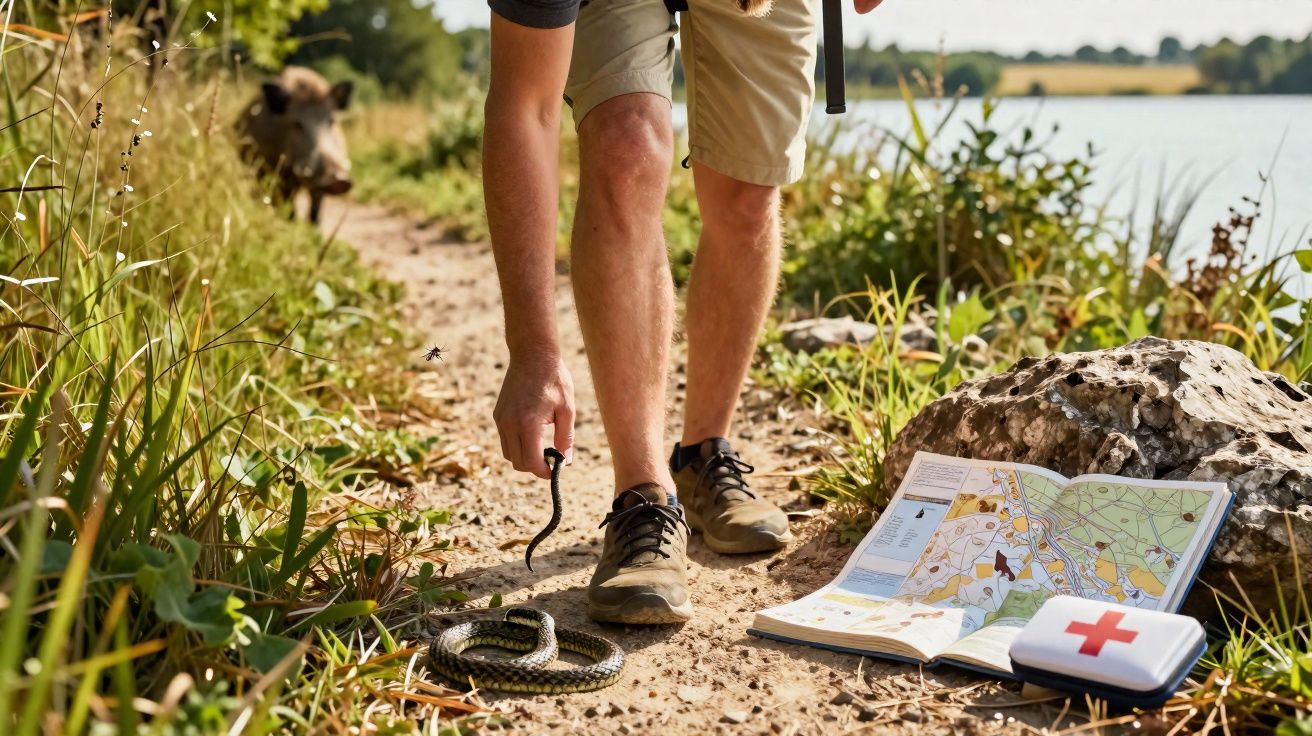 Pessoa agachada segurando cobra na trilha, com javali ao fundo, mapa aberto e kit de primeiros socorros à beira do lago.