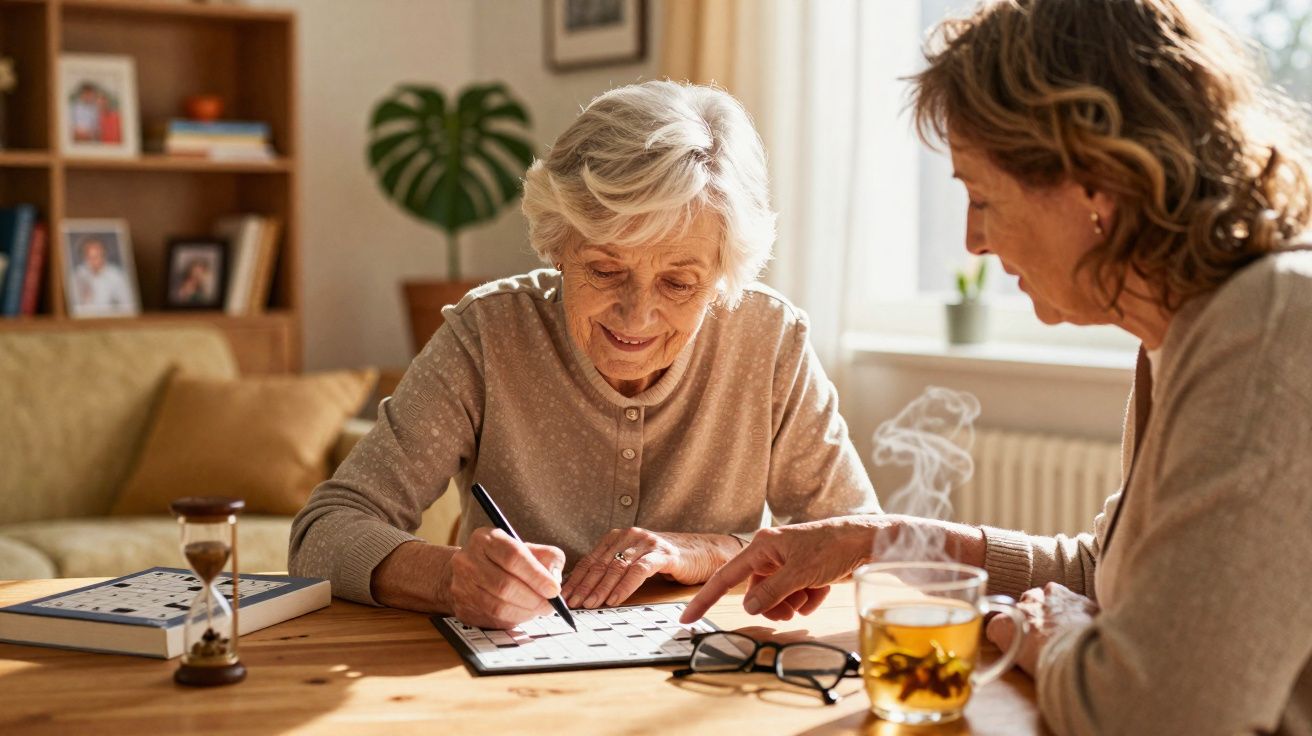 Duas mulheres idosas concentradas em um jogo de palavras cruzadas em uma sala iluminada.