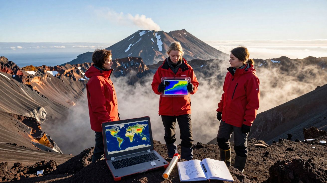 Três cientistas com jaquetas vermelhas estudam dados geológicos em laptop e tablet perto de vulcão ativo.