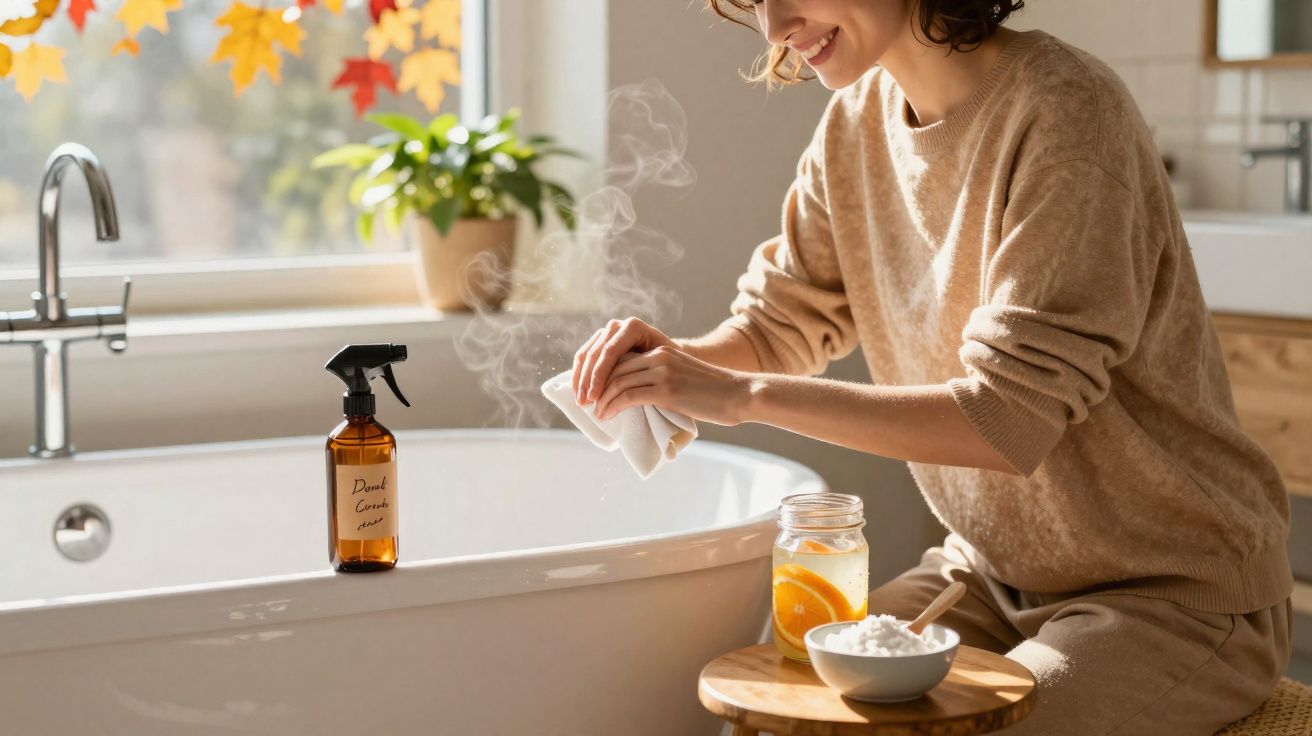 Mulher sorridente limpa banheira branca com pano, ao lado de mesa com pote e produtos de banho.