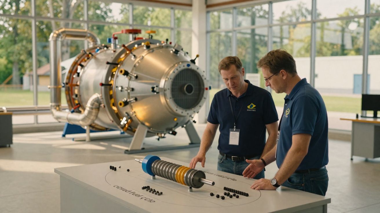 Dois homens analisam modelo de motor de turbina em mesa interativa dentro de laboratório com equipamento industrial grande ao