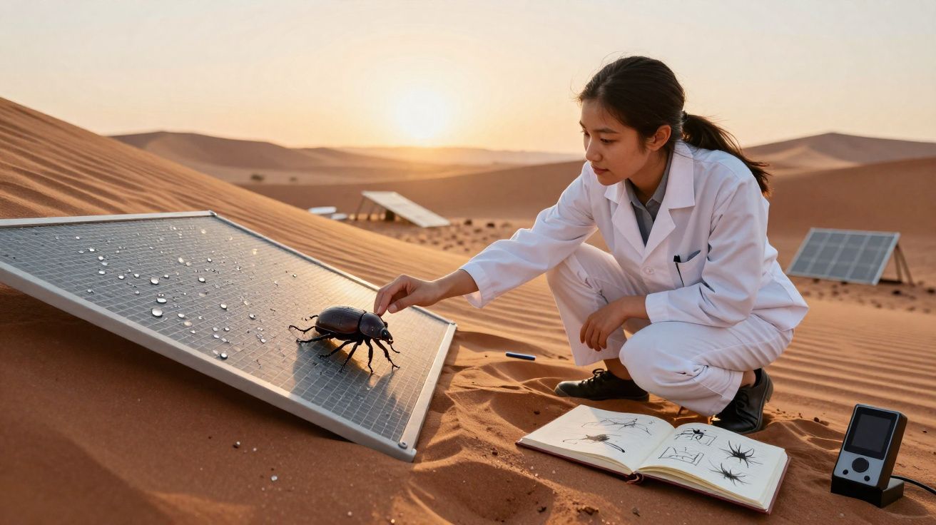 Mulher cientista em jaleco branco observa besouro gigante em painel solar no deserto ao pôr do sol.