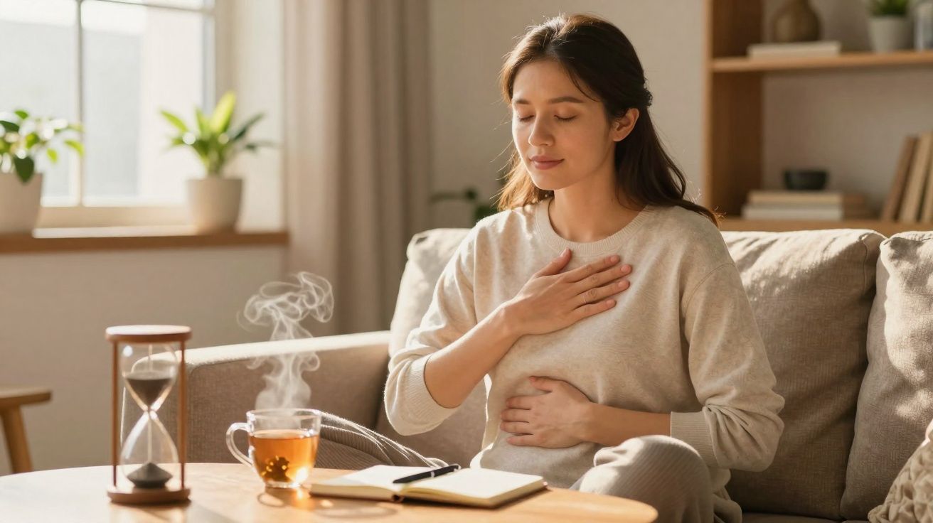 Mulher sentada no sofá com olhos fechados e mãos no peito e abdômen em momento de meditação.