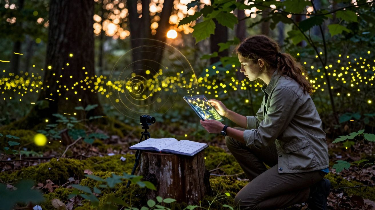 Mulher observa tablet cercada por vaga-lumes em floresta ao entardecer, com livro aberto sobre toco.