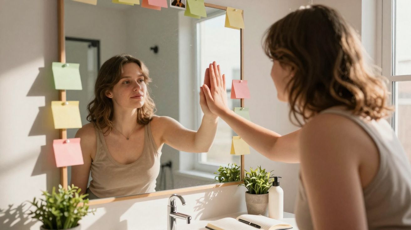 Mulher tocando a mão no espelho em um banheiro iluminado, com notas coloridas ao redor.