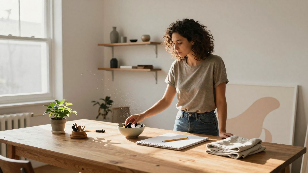 Mulher retirando objetos de uma tigela sobre mesa de madeira em ambiente iluminado e minimalista.