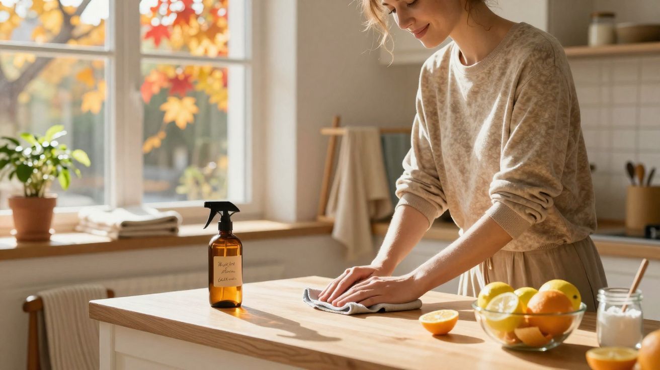 Mulher limpando bancada de madeira na cozinha com luz natural e frutas na mesa.