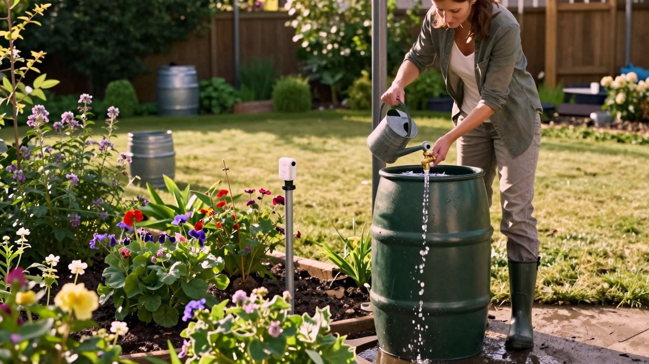 Mulher regando plantas em jardim usando regador e barril coletor de água.