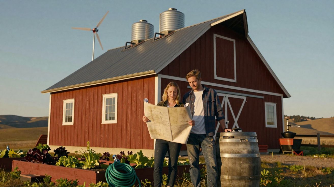 Casal jovem segurando planta em frente a celeiro vermelho com jardim e moinho ao fundo.