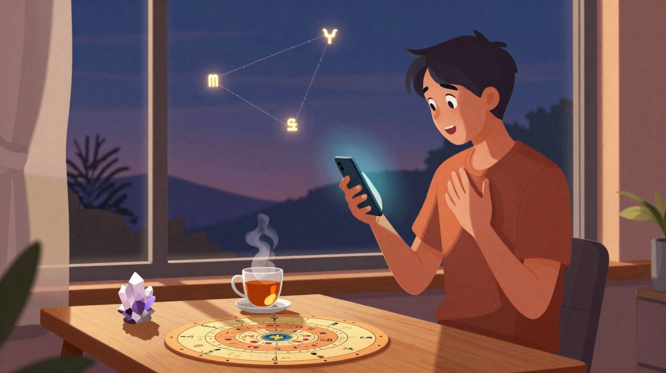 Homem sentado à mesa olhando para celular com símbolos do zodíaco flutuando na janela ao fundo.