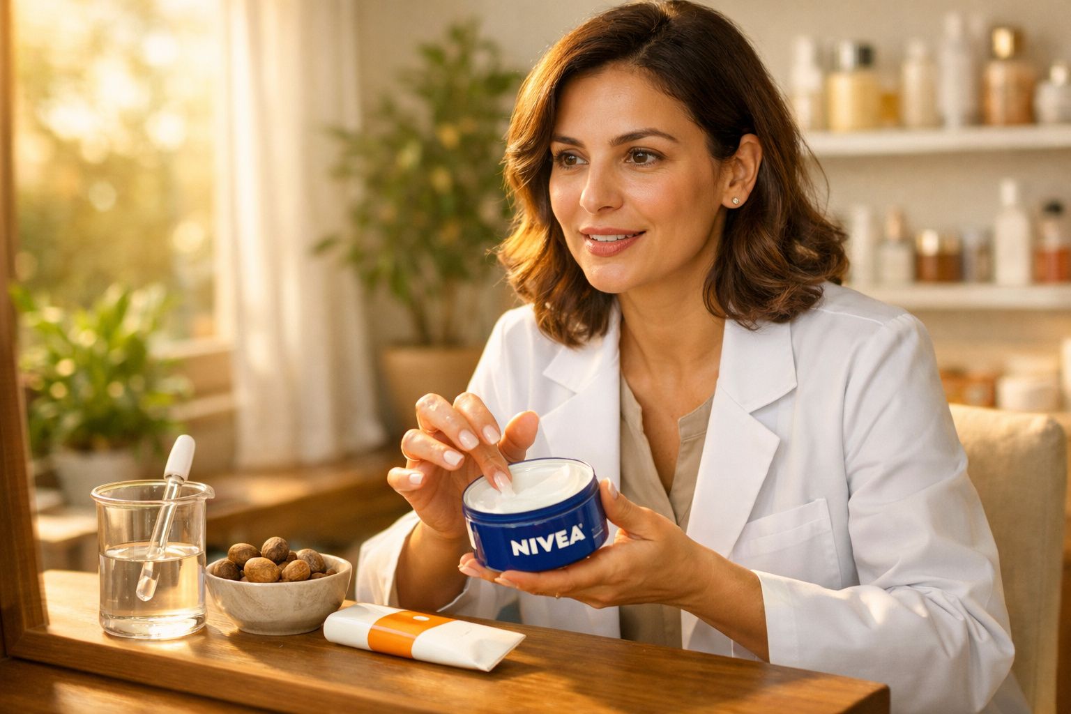 Mulher sorridente em jaleco pega creme Nivea em pote azul em ambiente iluminado e organizado.