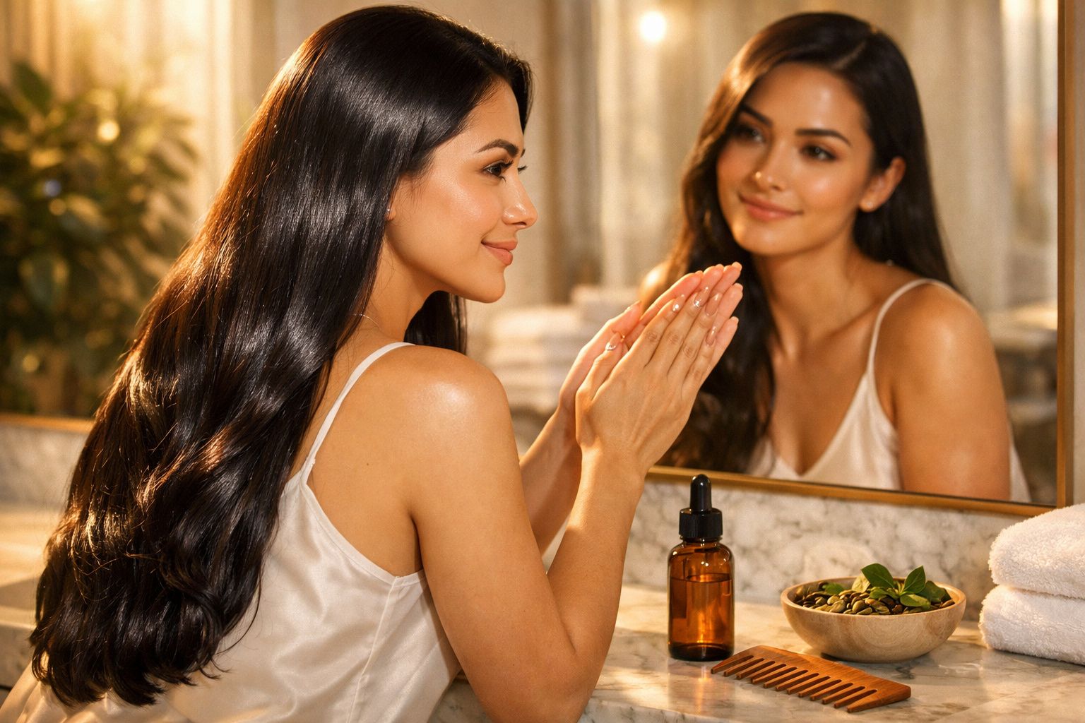 Mulher com cabelos longos aplica creme nas mãos em frente ao espelho em ambiente acolhedor.