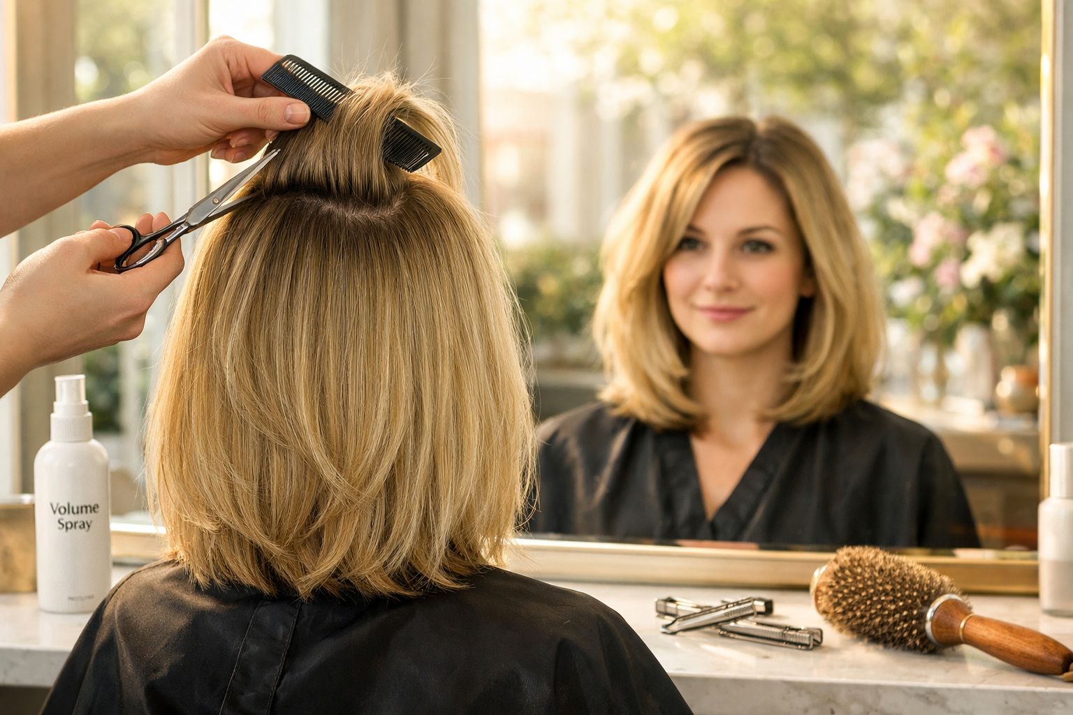 Mulher loira com cabelo médio sendo cortada e penteada em salão de beleza diante de espelho.