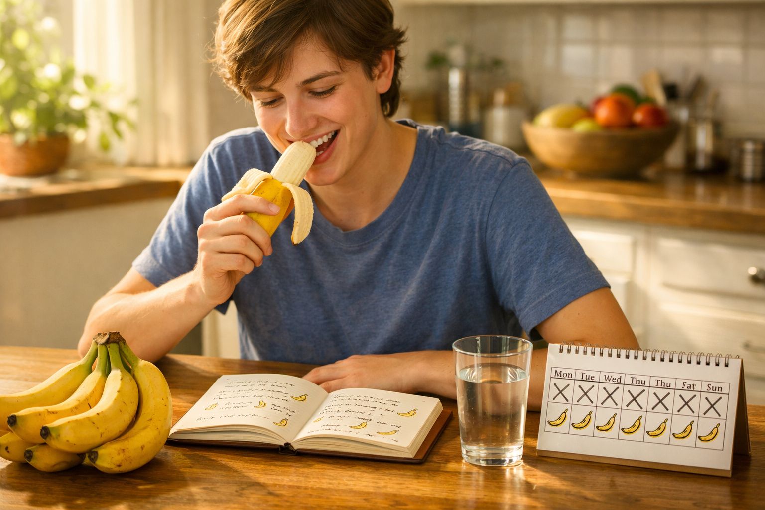 Pessoa sorridente com camiseta azul comendo banana enquanto lê livro em cozinha iluminada.
