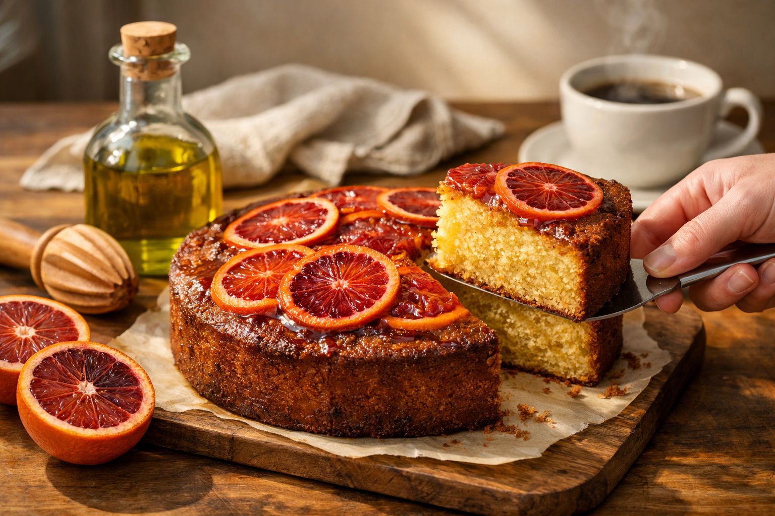 Bolo de laranja com fatia sendo retirada, tábua de madeira, azeite, frutas cortadas e xícara de café ao fundo.