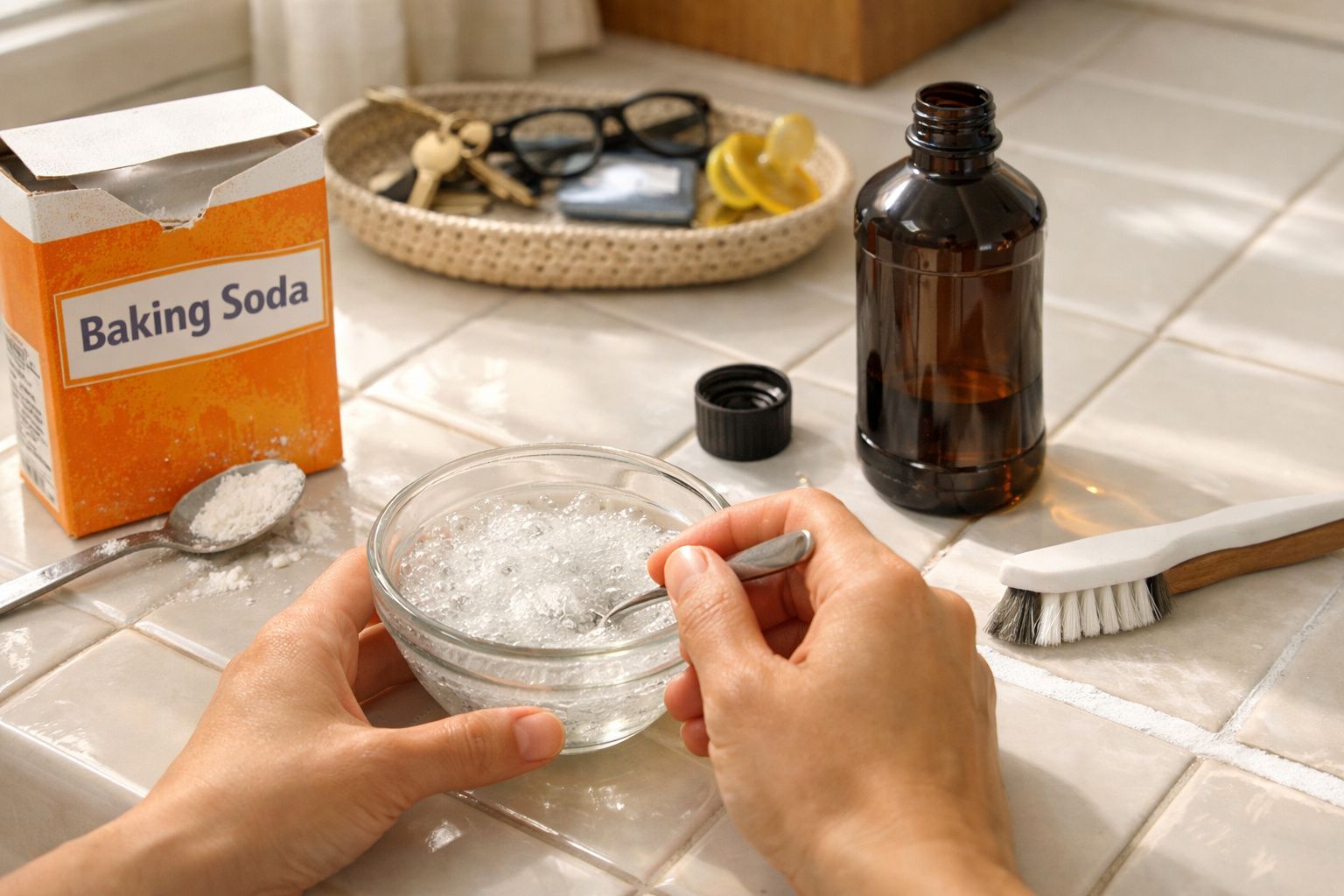 Mãos mexendo mistura em tigela com bicarbonato, escova, vidro âmbar, óculos e objetos em bandeja.