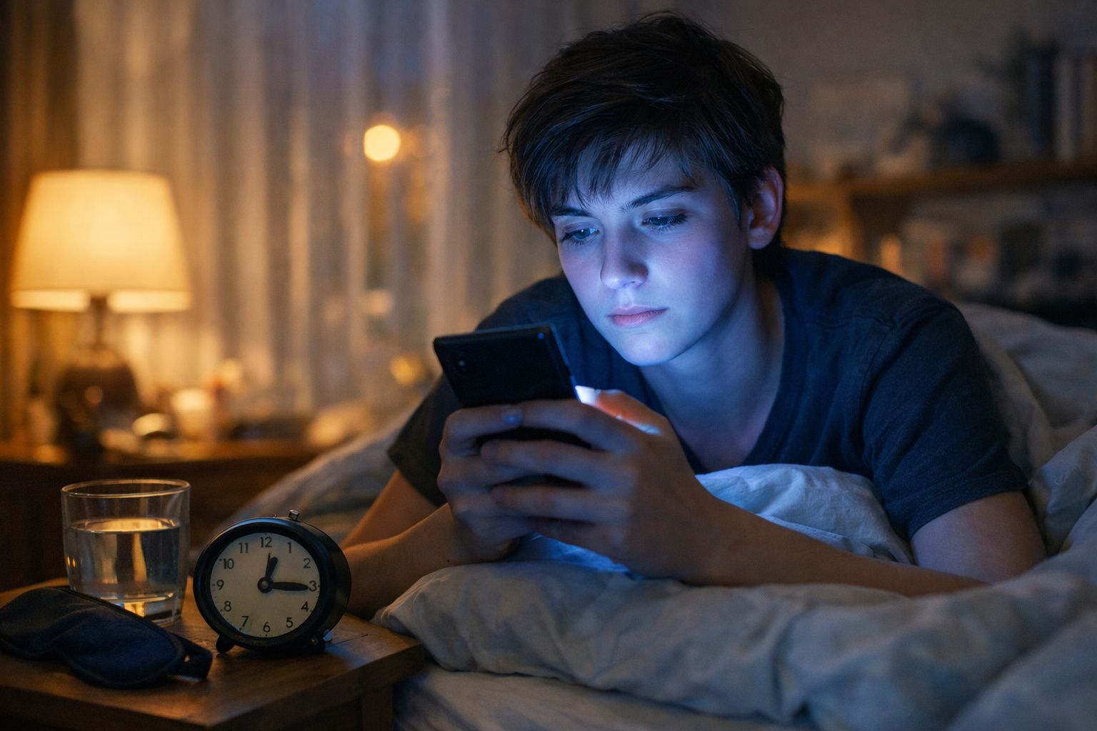 Pessoa deitada na cama mexendo no celular à noite, com despertador marcando 3h e copo d'água na mesa ao lado.