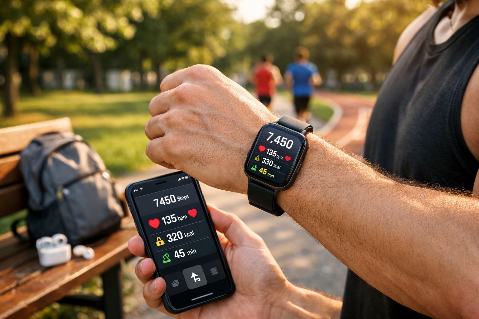 Pessoa conferindo dados de passos, batimentos, calorias e tempo em smartwatch e celular durante corrida ao ar livre.