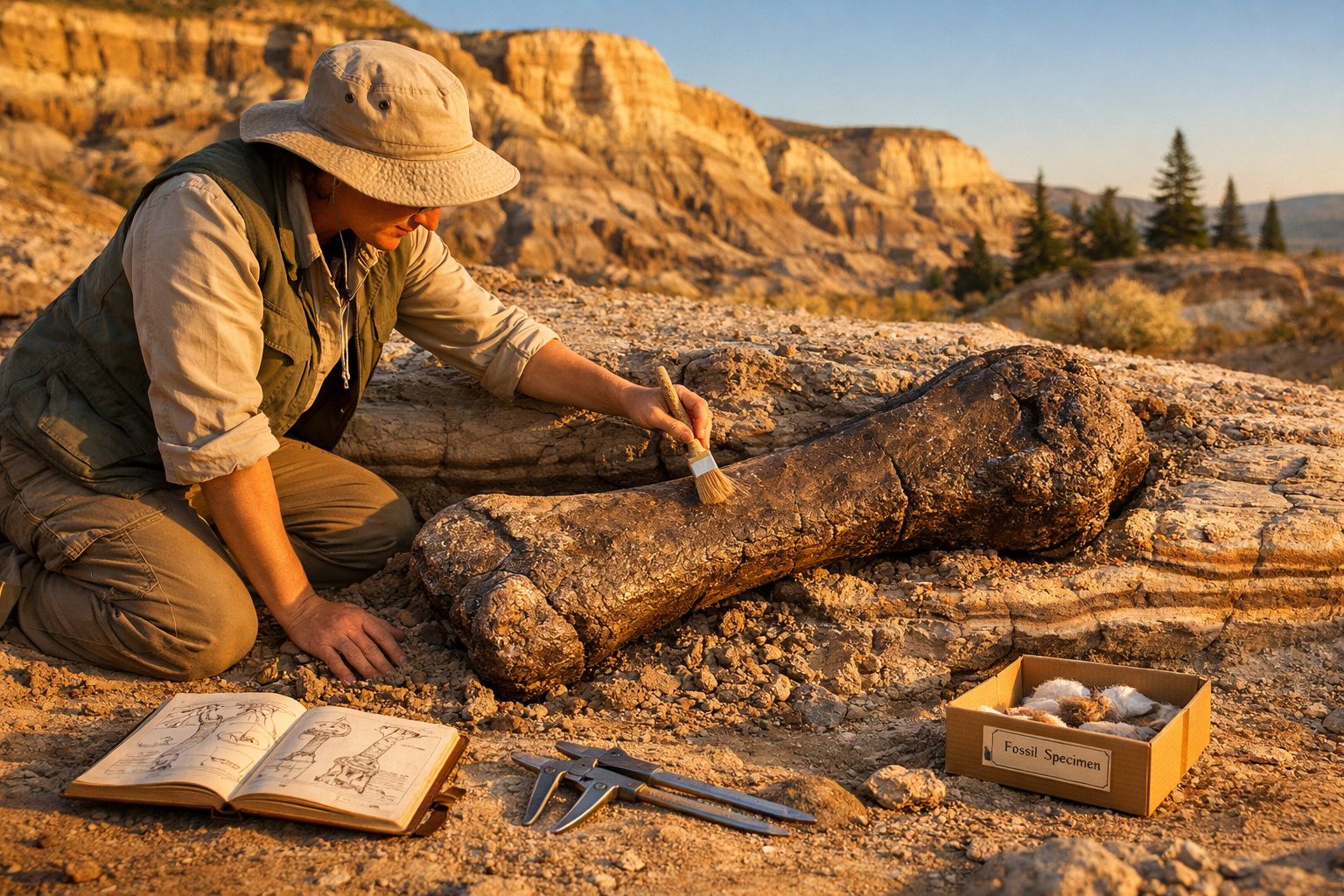Paleontólogo escavando e limpando um grande osso fóssil em ambiente desértico com livros e ferramentas.