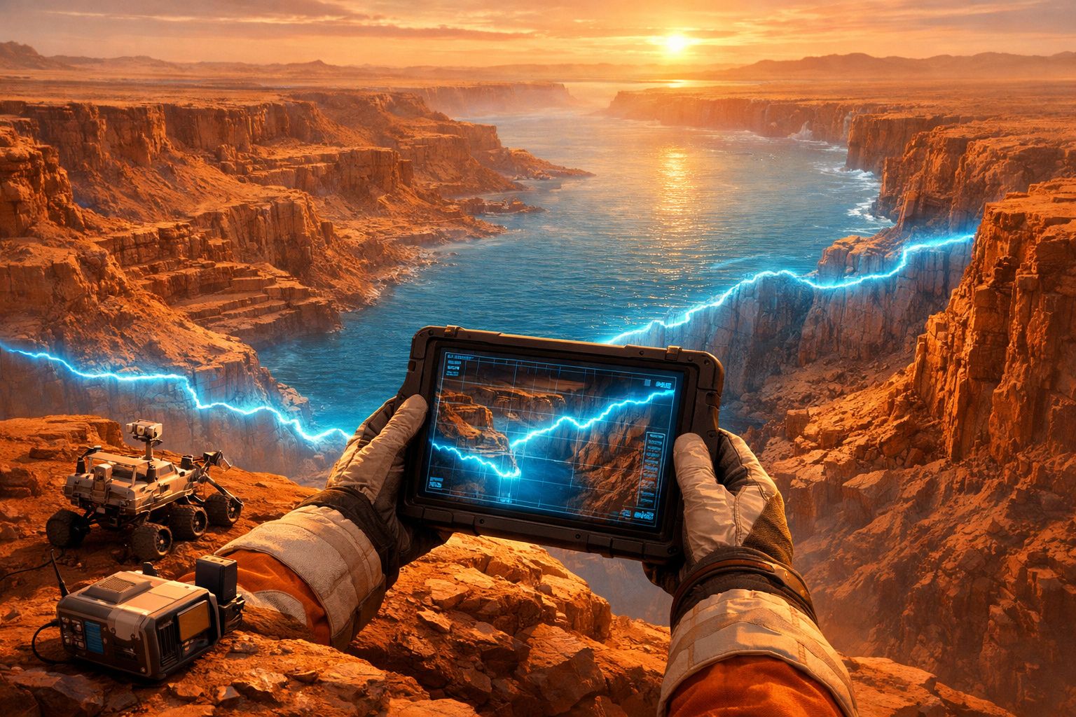 Mãos com luvas seguram tablet com mapa digital mostrando uma linha azul sobre cânion laranja ao pôr do sol.