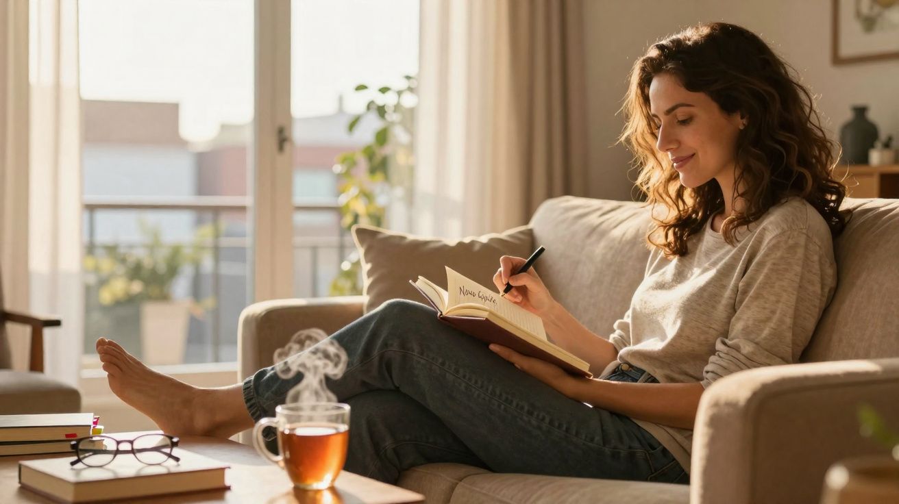 Mulher sentada no sofá escrevendo em caderno, com xícara de chá quente e livros na mesa à frente.