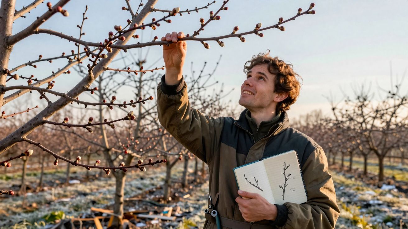 Homem em plantação verifica galho de árvore durante estudo com caderno aberto na mão ao amanhecer.