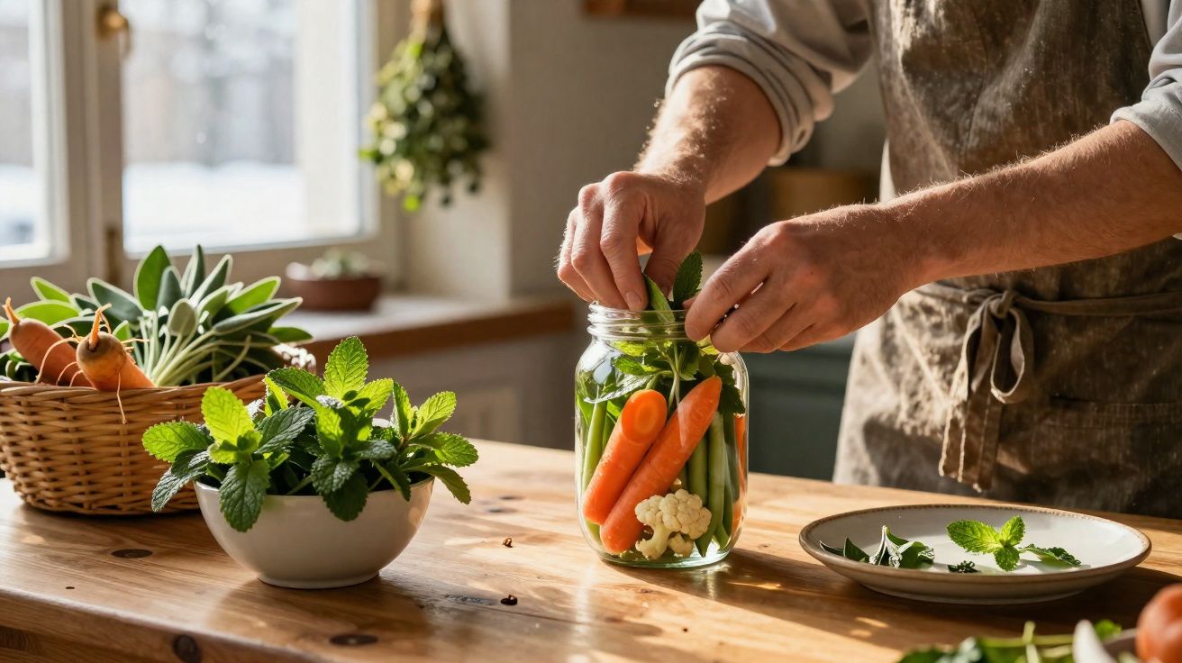 Pessoa colocando folhas verdes e vegetais em pote de vidro em cozinha iluminada com luz natural.