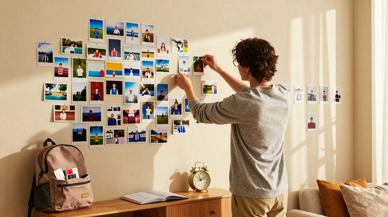 Pessoa organizando várias fotos em uma parede iluminada, com mochila, livro e relógio sobre móvel próximo.