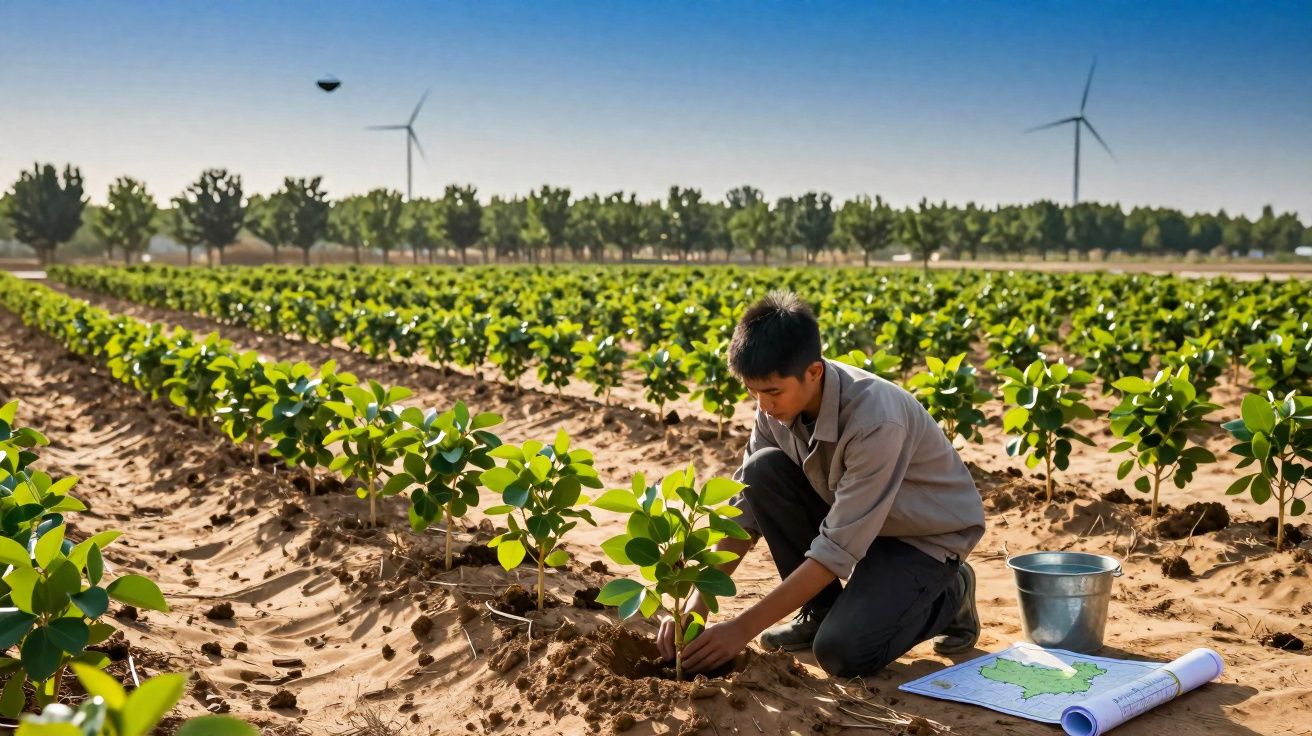 Homem plantando muda em campo com turbinas eólicas ao fundo em dia ensolarado.