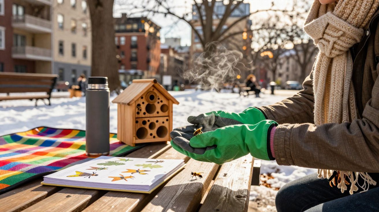 Pessoa com luvas verdes segura abelha no parque durante inverno enquanto observa livro ilustrado e casa para abelhas.