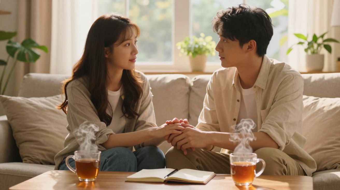 Casal sentado no sofá segurando as mãos e olhando um para o outro, com chá quente na mesa à frente.