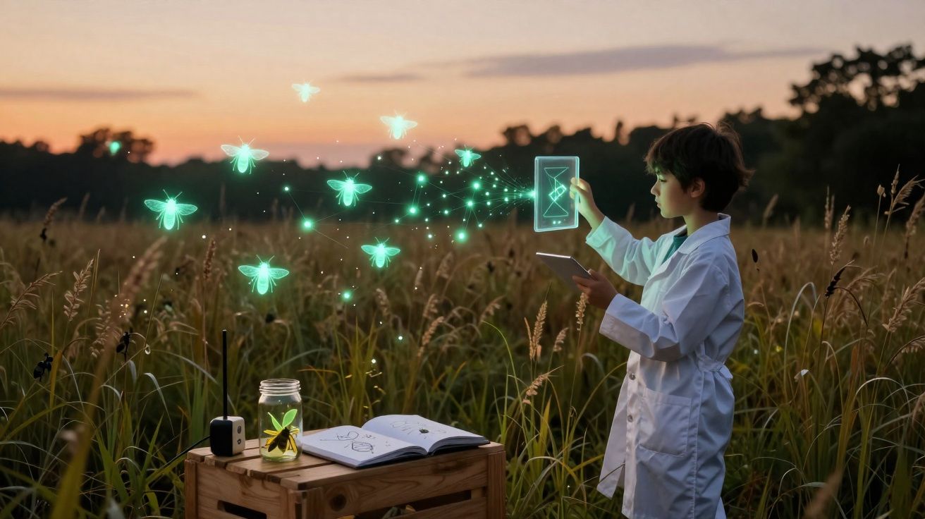 Criança com jaleco branco interage com hologramas de vaga-lumes em campo ao entardecer.