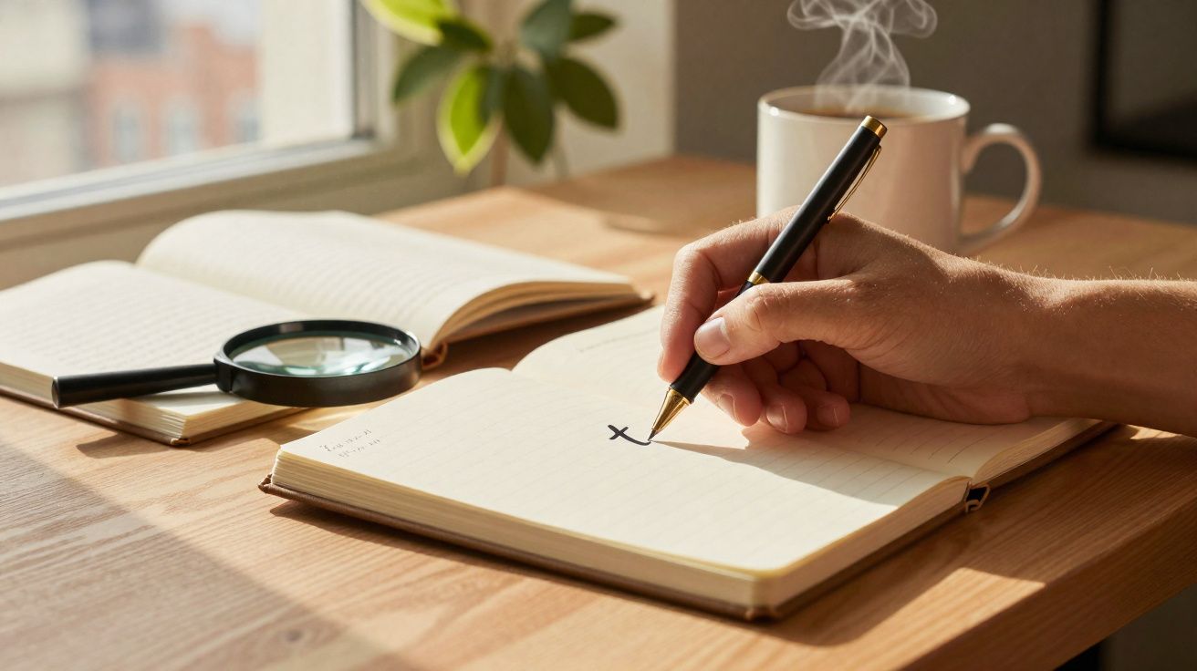 Mão escrevendo letra t em caderno aberto sobre mesa com luminária, lupa e caneca de café fumegante.