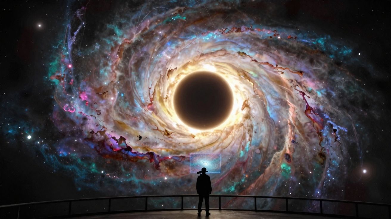 Pessoa observa buraco negro rodeado por nuvens coloridas em uma galáxia giratória no espaço sideral.
