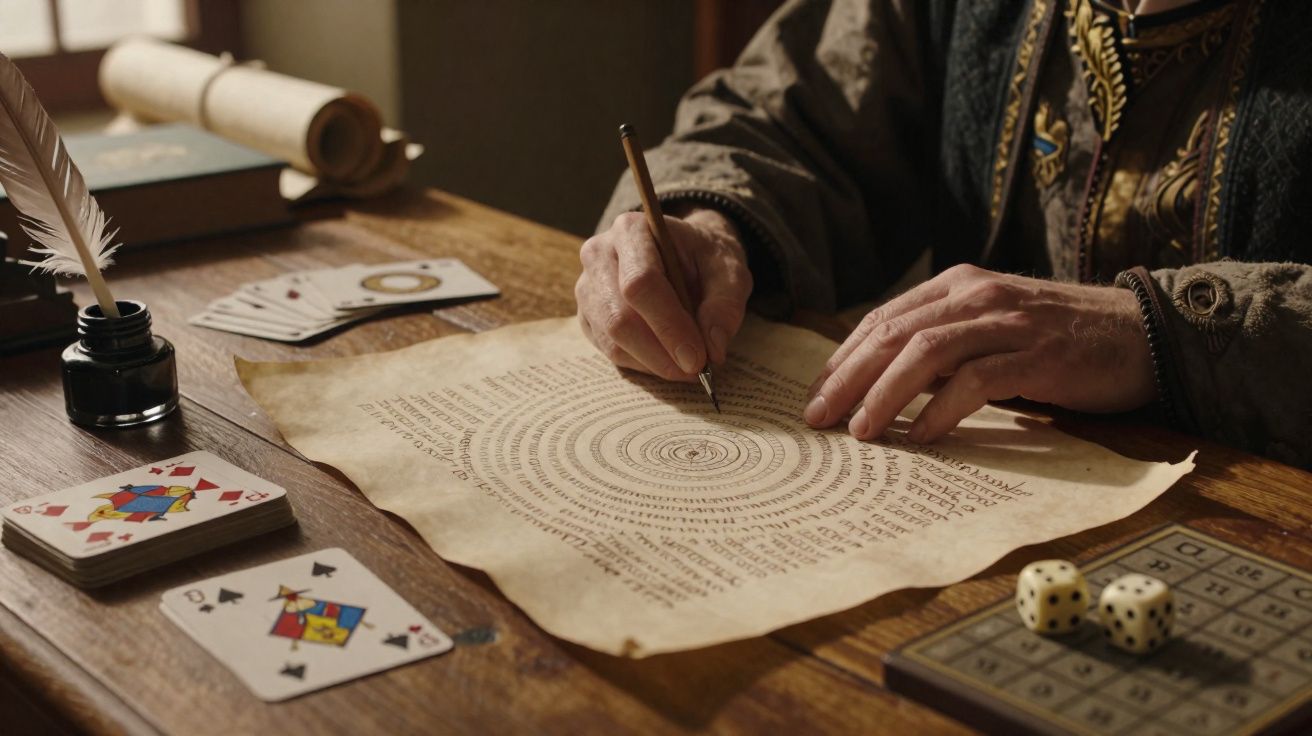 Pessoa escrevendo em um pergaminho com círculos de texto, cartas de baralho, dados e tinteiro sobre mesa de madeira.