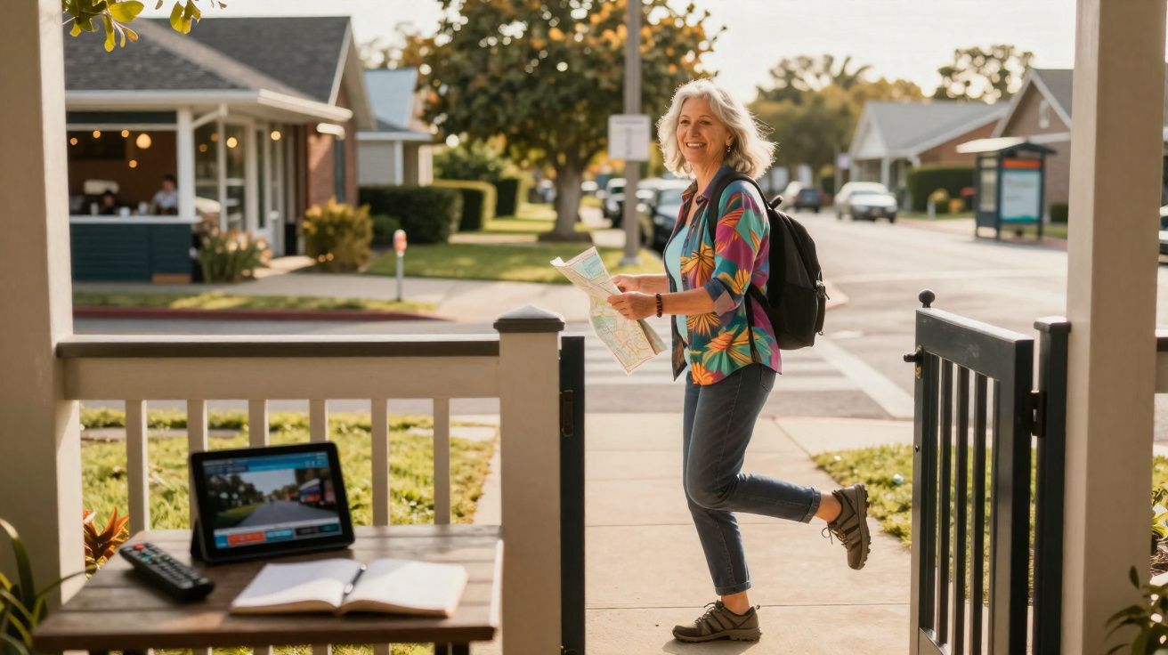 Mulher madura com mochila e mapa caminhando em rua residencial ao pôr do sol sorrindo.