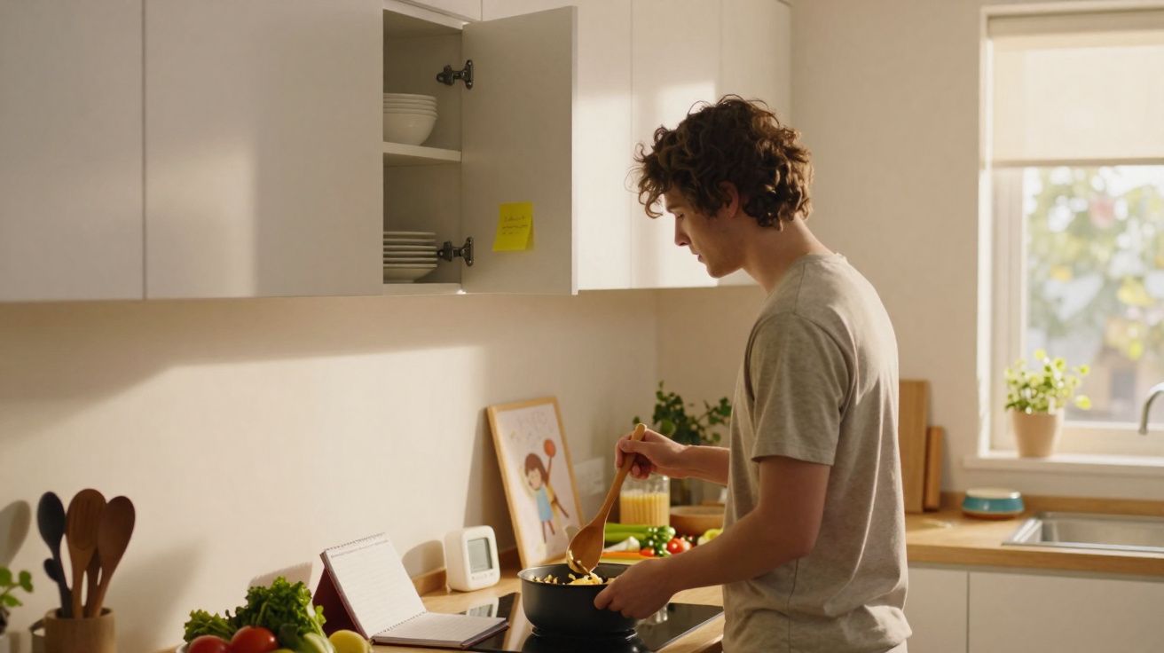 Jovem cozinhando em panela na cozinha clara e organizada com legumes e utensílios no balcão.