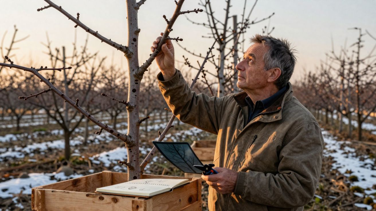 Agricultor inspecciona galho de árvore em pomar com áreas de neve no chão ao pôr do sol.
